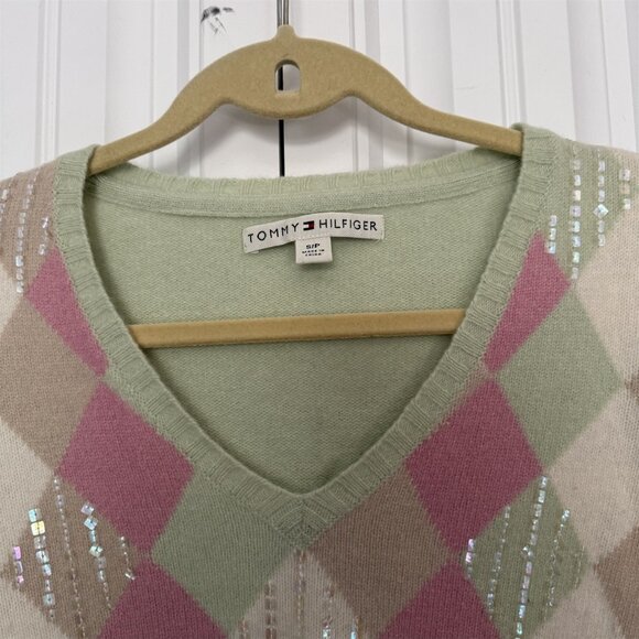 Tommy Hilfiger Pullover Sweater Colorblock Argyle Wool Angora Green Sequin - Picture 3 of 10